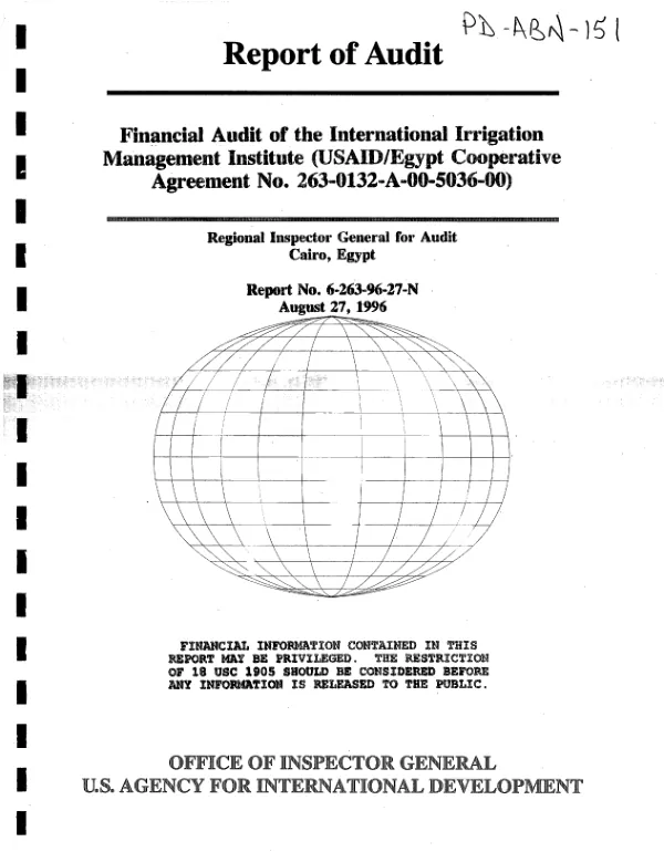Financial audit of the International Irrigation Management Institute (USAID/Egypt cooperative agreement no. 263-0132-A-00-5036-00)
