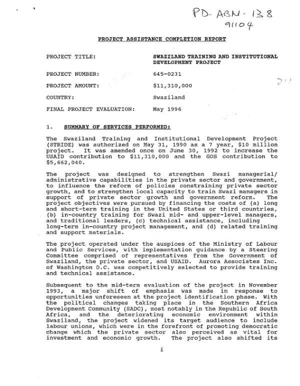 Project assistance completion report : Swaziland training and institutional development project