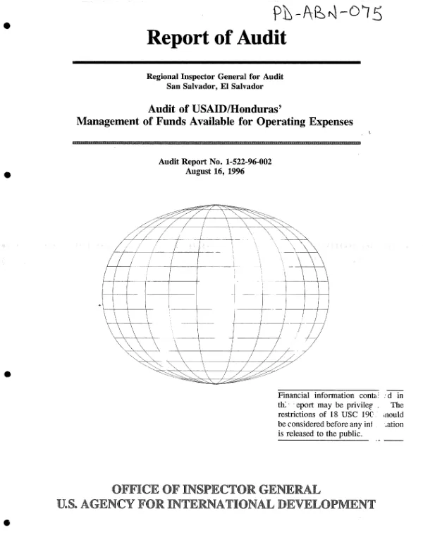Audit of USAID/Honduras" management of funds available for operating expenses