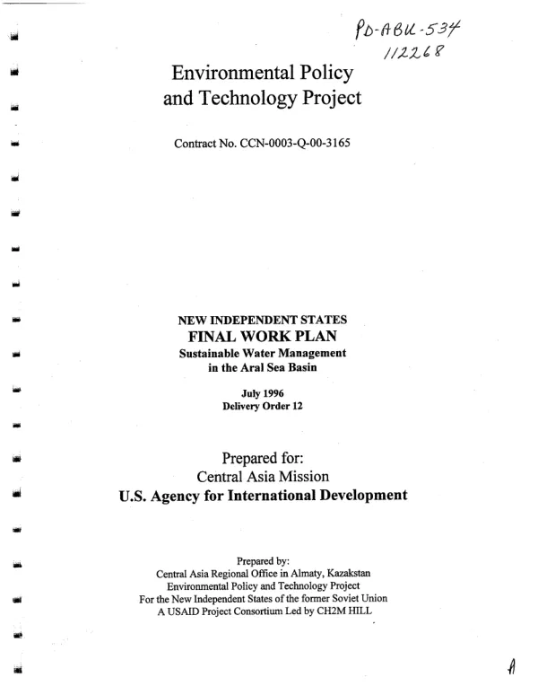 Environmental policy and technology project : contract no. CCN-0003-Q-00-3165[-00] -- New Independent States : final work plan -- sustainable water management in the Aral Sea Basin