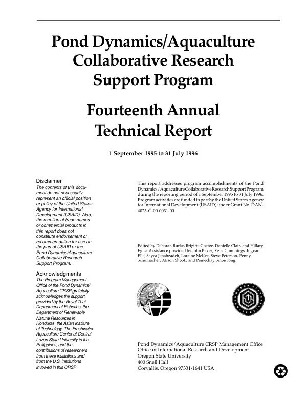 Pond dynamics/aquaculture collaborative research support program : fourteenth annual technical report -- 1 September 1995 to 31 July 1996