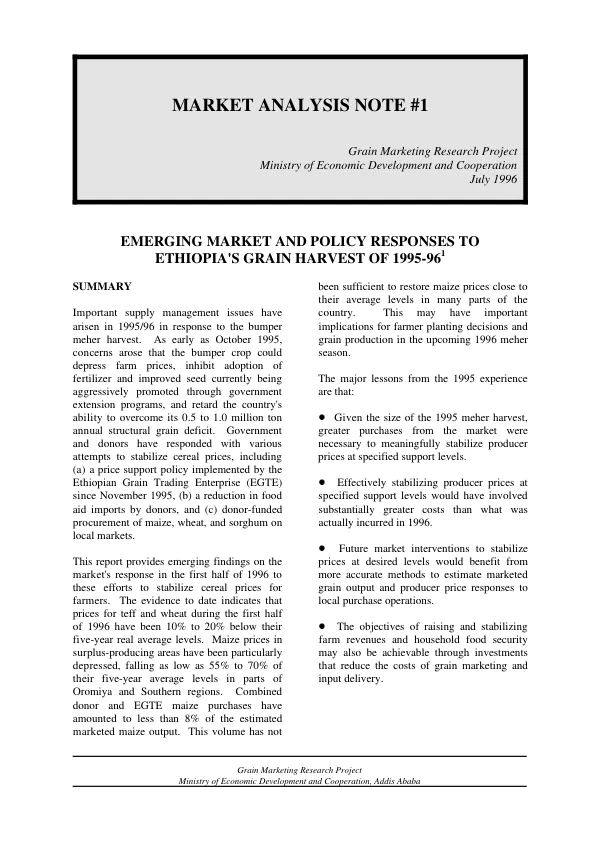 Emerging market and policy responses to Ethiopia"s grain harvest of 1995-96