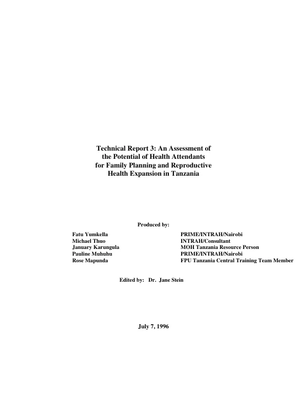 Assessment of the potential of health attendants for family planning and reproductive health expansion in Tanzania