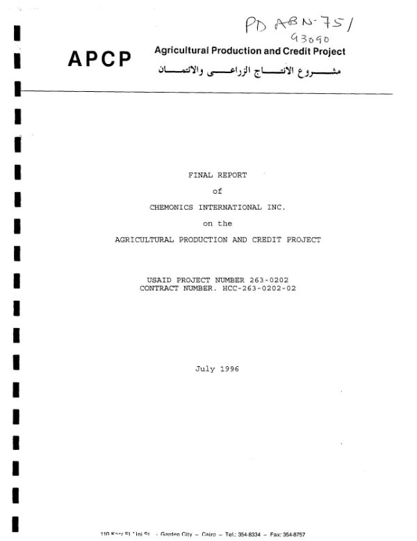 Final report of Chemonics International Inc. on the agricultural production and credit project