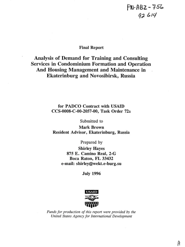 Final report : analysis of demand for training and consulting services in condominium formation and operation and housing management and maintenance in Ekaterinburg and Novosibirsk, Russia