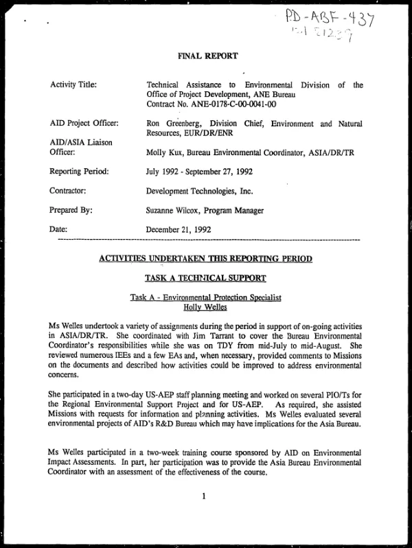 Final report [: technical assistance to Environmental Division of the Office of Project Development, ANE Bureau, contract no. ANE-0178-C-00-0041-00]