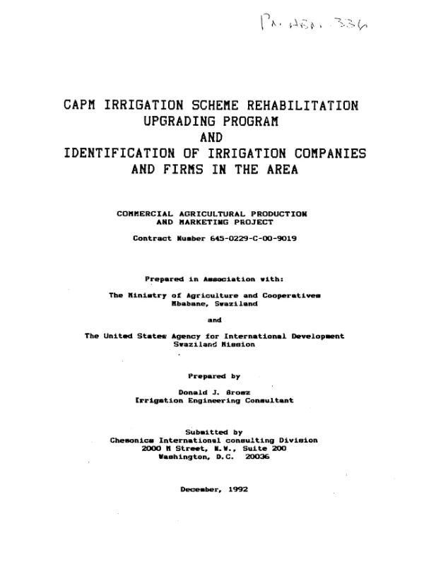 CAPM [commercial agricultural production and marketing] irrigation scheme rehabilitation upgrading program and identification of irrigation companies and firms in the area