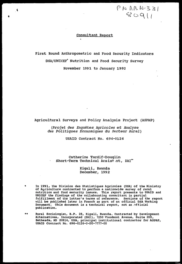 First round anthropometric and food security indicators : DSA/UNICEF nutrition and food security survey, November 1991 to January 1992