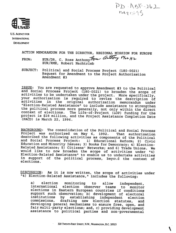 Political and social process project (180-0021) : project authorization amendment no. 3