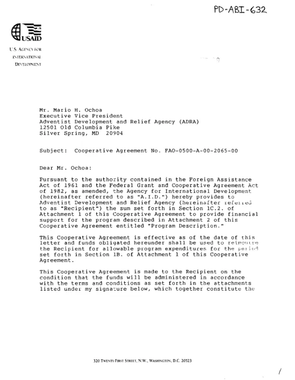 AID cooperative agreement no. FAO-0500-A-00-2065-00 with Adventist Development and Relief Agency to support the program entitled ADRA/Honduras child survival VIII