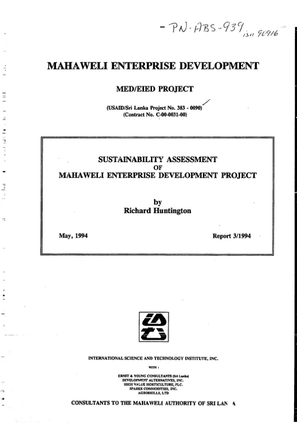 Sustainability assessment of Mahaweli enterprise development project