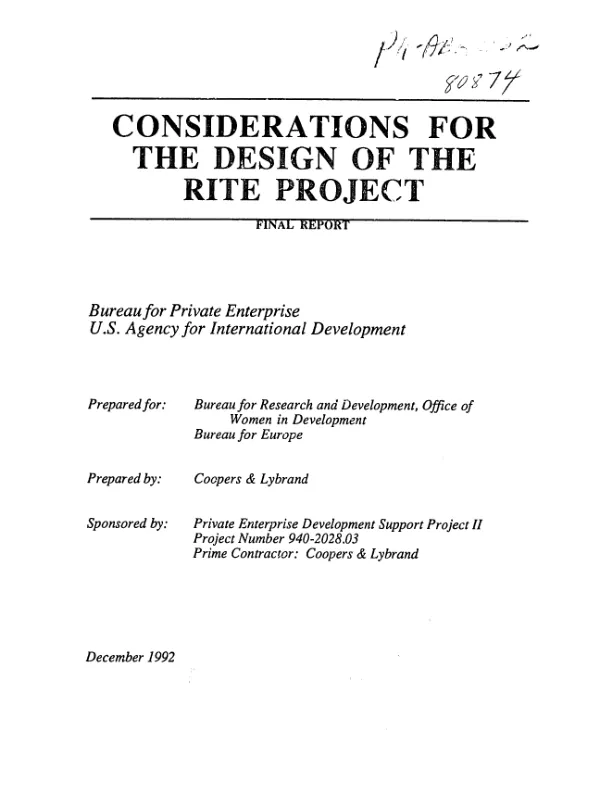 Considerations for the design of the RITE [removal of impediments to trade expansion] project