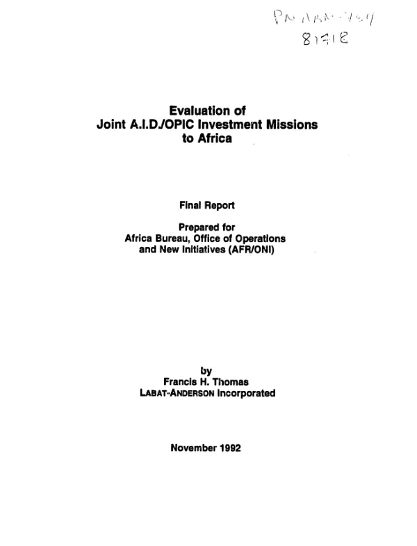 Evaluation of joint AID/OPIC investment missions to Africa