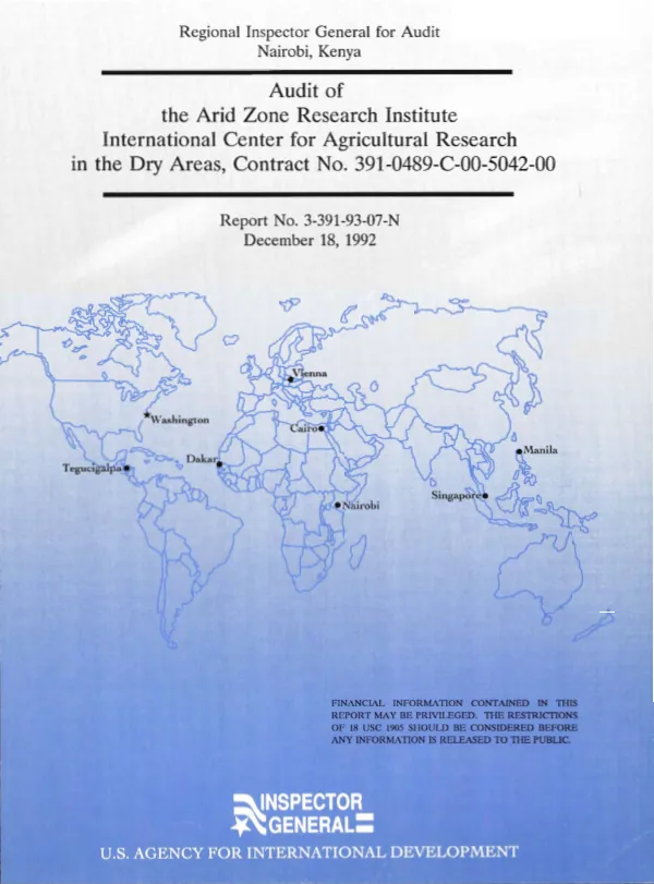 Audit of the Arid Zone Research Institute, International Center for Agricultural Research in the Dry Areas, contract no. 391-0489-C-00-5042-00
