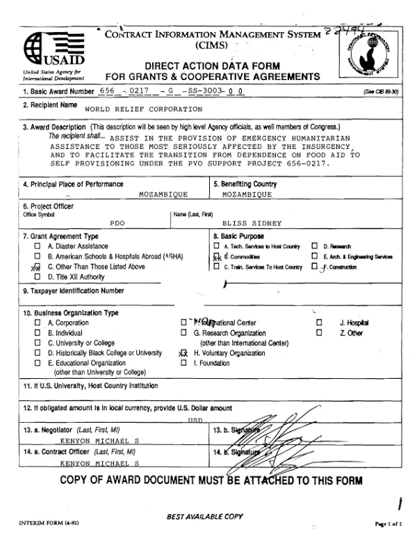 AID grant no.656-0217-G-SS-3003-00 to World Relief Corporation for emergency humanitarian assistance in Mozambique