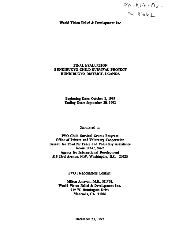 Final evaluation : Bundibugyo child survival project, Bundibugyo District, Uganda