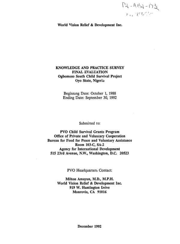 Knowledge and practice survey final evaluation : Ogbomoso South child survival project, Oyo State, Nigeria