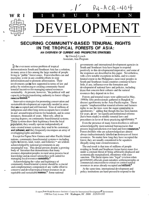 Securing community-based tenurial rights in the tropical forests of Asia : an overview of current and prospective strategies