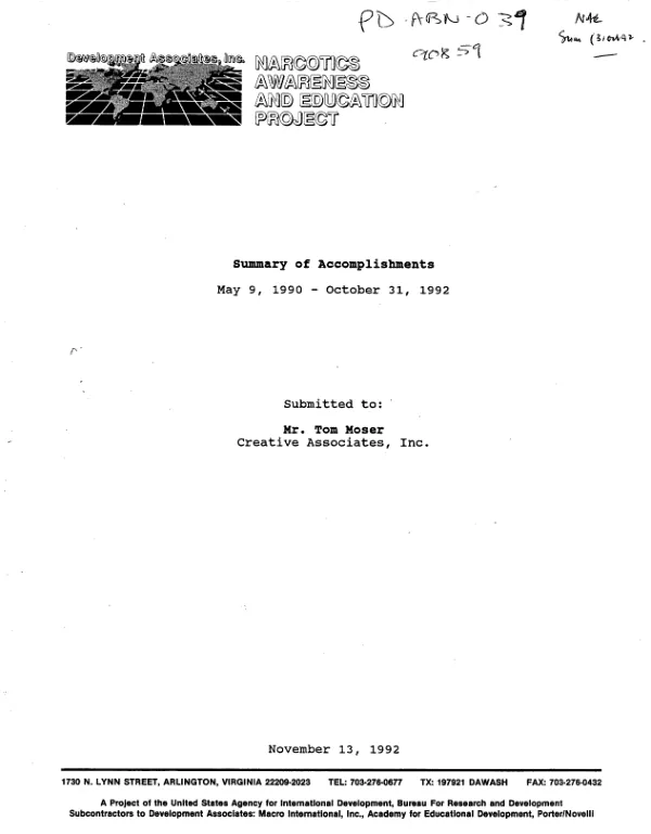 Narcotics awareness and education project : summary of accomplishments -- May 9, 1990-October 31, 1992