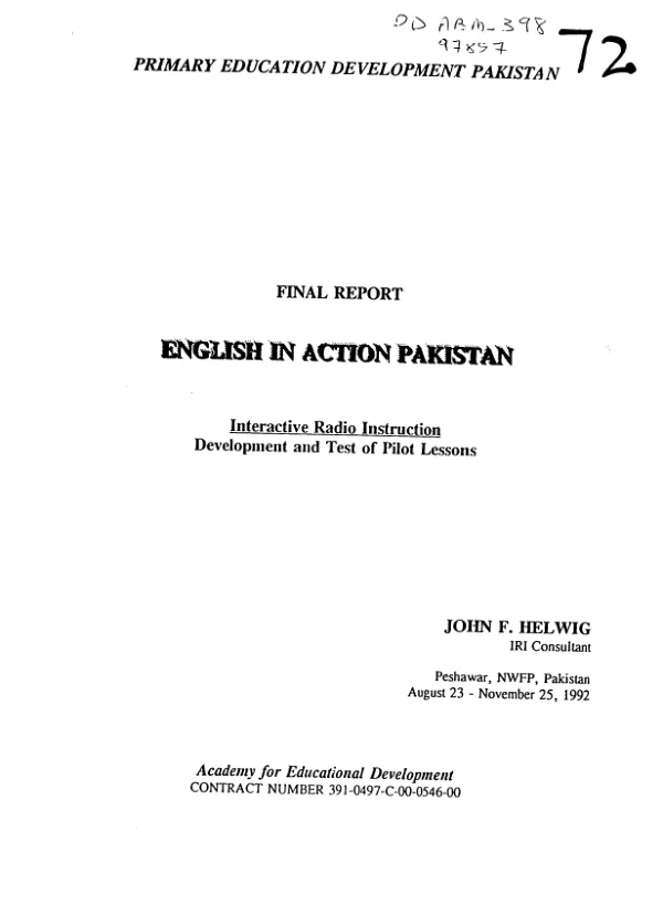 Primary education development Pakistan : implementation plan -- English in action Pakistan : interactive radio instruction