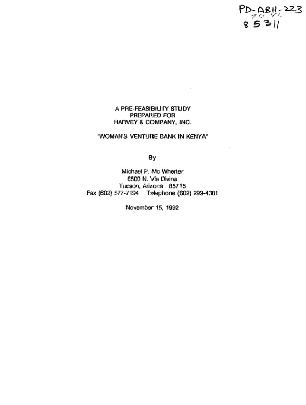 Pre-feasibility study : woman"s venture bank in Kenya