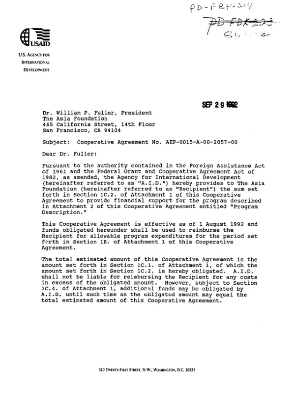 AID cooperative agreement no. AEP-0015-A-00-2057-00 with The Asia Foundation in support of the US Asian environmental fellowship program
