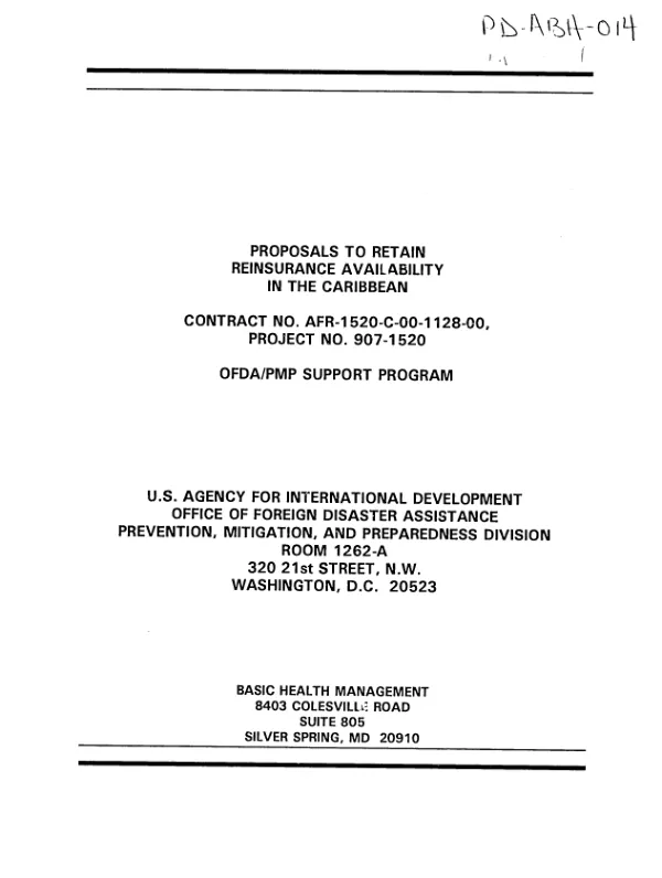 Consultant"s report : proposals to retain reinsurance availability in the Caribbean (English speaking states and the Dominican Republic) for Regional Housing and Urban Development Office (RHUDO) - Jamaica and the United States Agency for International Development (USAID)