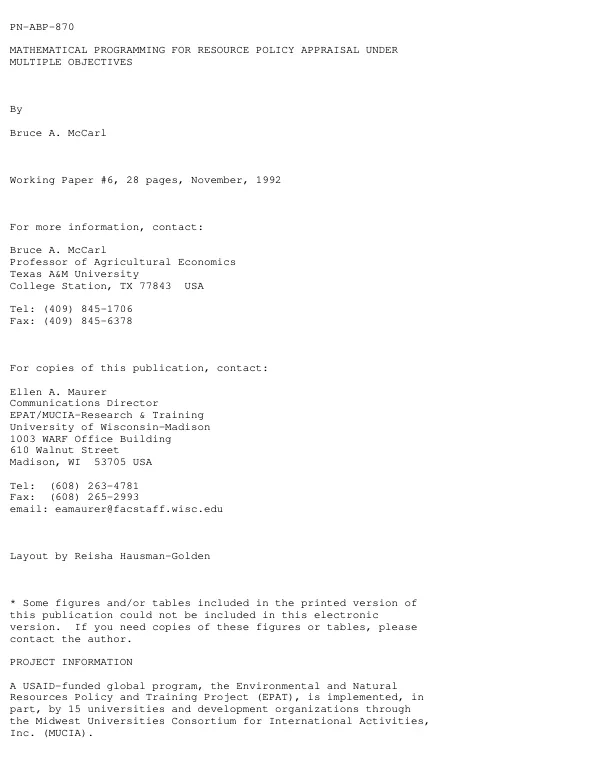 Mathematical programming for resource policy appraisal under multiple objectives