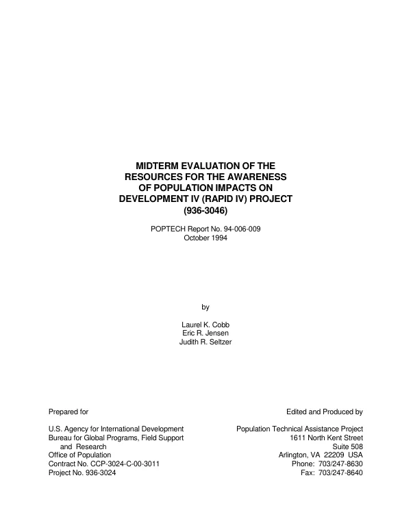 Midterm evaluation of the resources for the awareness of population impacts on development (RAPID IV) project (936-3046)