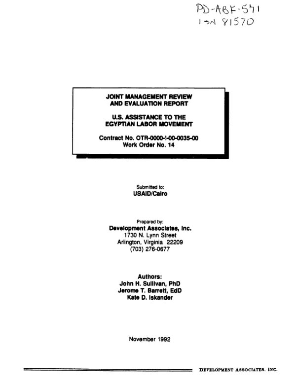Joint management review and evaluation report : US assistance to the Egyptian labor movement