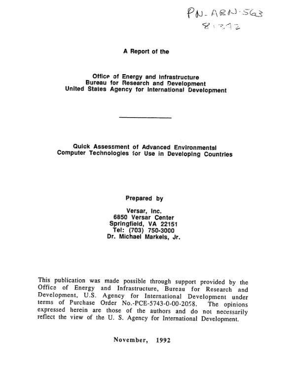 Quick assessment of advanced environmental computer technologies for use in developing countries