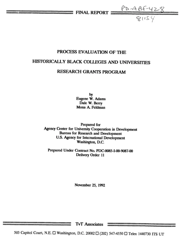 Process evaluation of the historically black colleges and universities research grants program