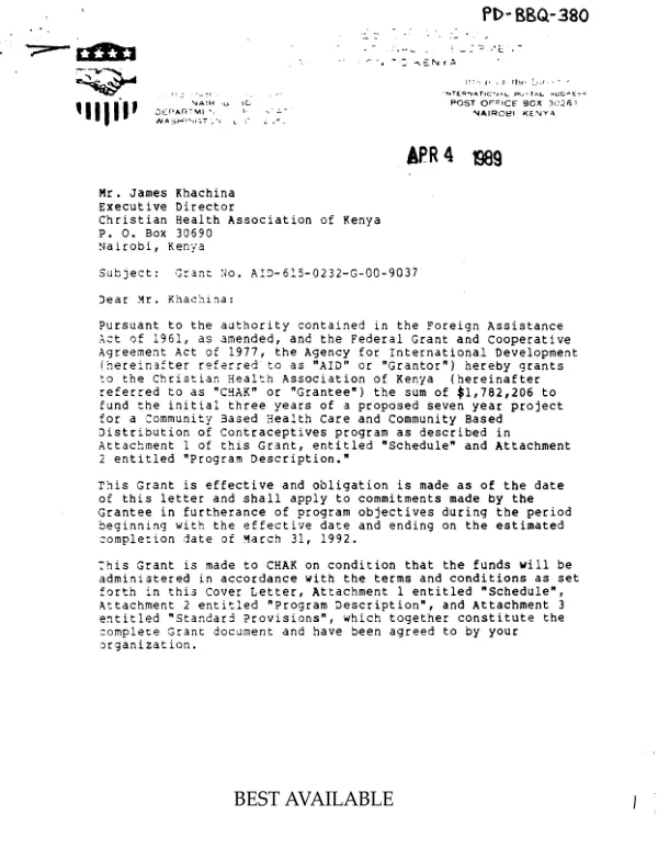 AID grant no. 615-0232-G-00-9037 to Christian Health Association of Kenya for a community based health care and community based distribution of contraceptives program