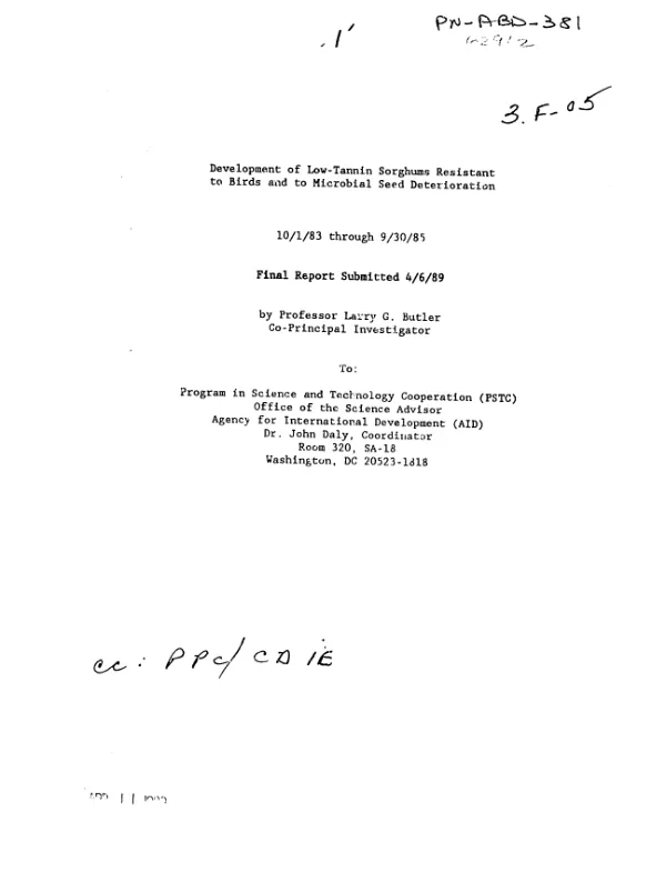 Development of low - tannin sorghums resistant to birds and to microbial seed deterioration : final report -- 10/1/83 through 9/30/85