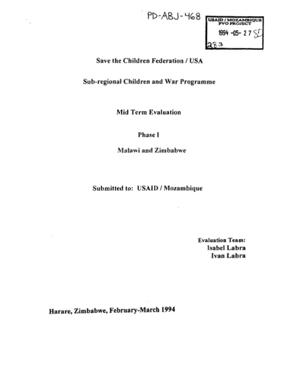 Save the Children Federation/USA -- sub-regional children and war programme : mid-term evaluation -- phase I, Malawi and Zimbabwe