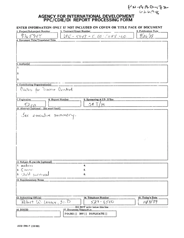 Malaria control in Ghana : plan of action, Accra, Ghana, 26 April 1989