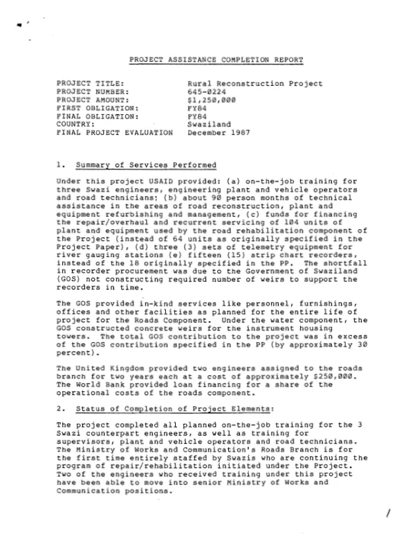 Project assistance completion report [: rural reconstruction project]