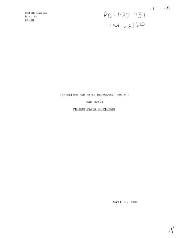 Irrigation and water management project (685-0280) : project paper supplement [amendment no. 2]