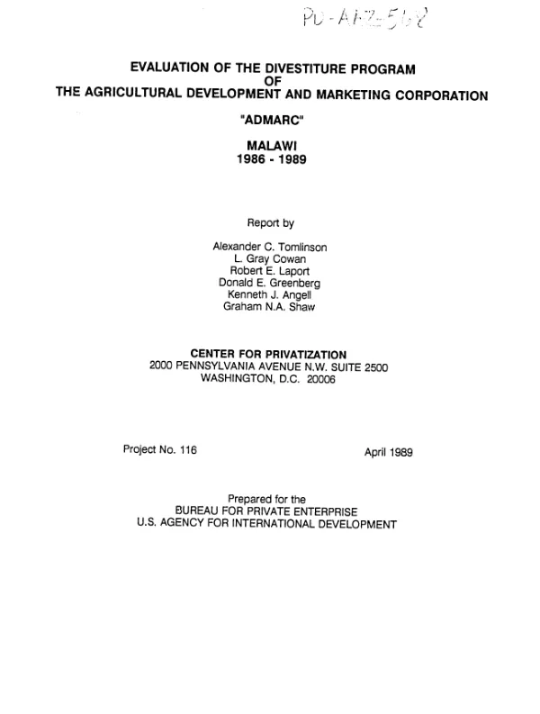 Evaluation of the divestiture program of the Agricultural Development and Marketing Corporation, `ADMARC," Malawi, 1986-1989