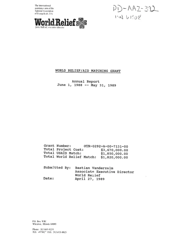 World Relief/AID matching grant : annual report, June 1, 1988 -- May 31, 1989
