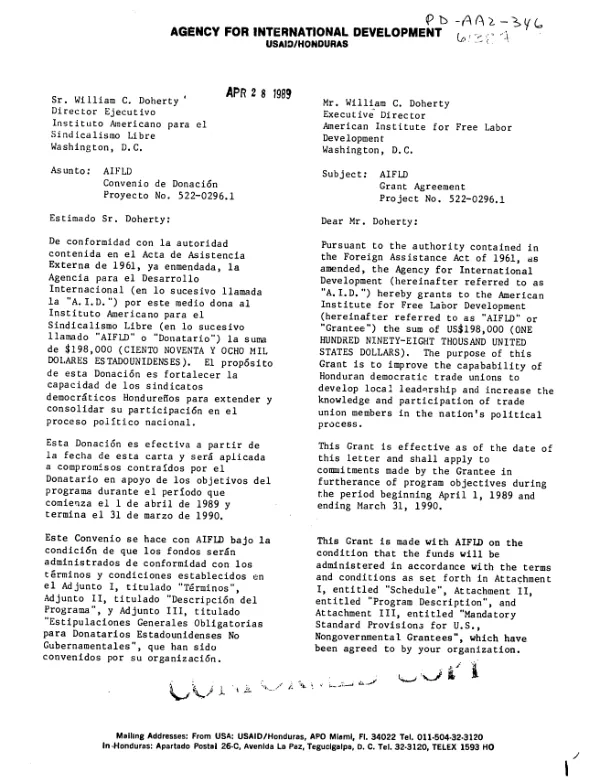 AID grant to the American Institute for Free Labor Development to improve the capability of Honduran democratic trade unions
