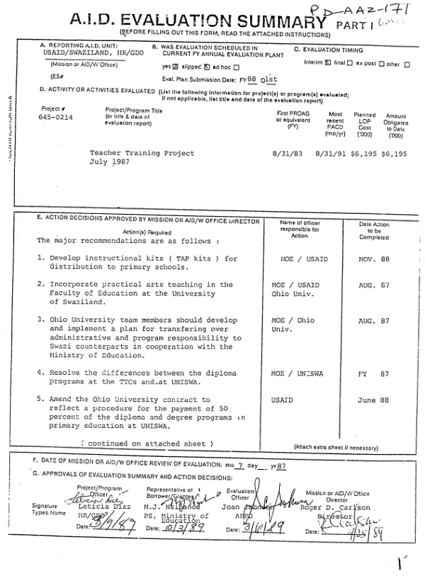 Teacher training project, July 1987