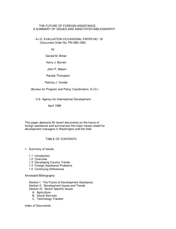 Future of foreign assistance : a summary of issues and annotated bibliography