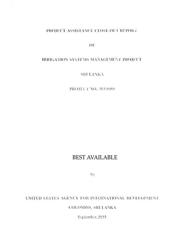 Project assistance close-out report of irrigation systems management project, Sri Lanka