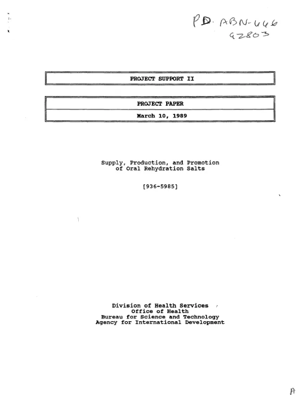 Project support II : project paper -- supply, production, and promotion of oral rehydration salts (936-5985)
