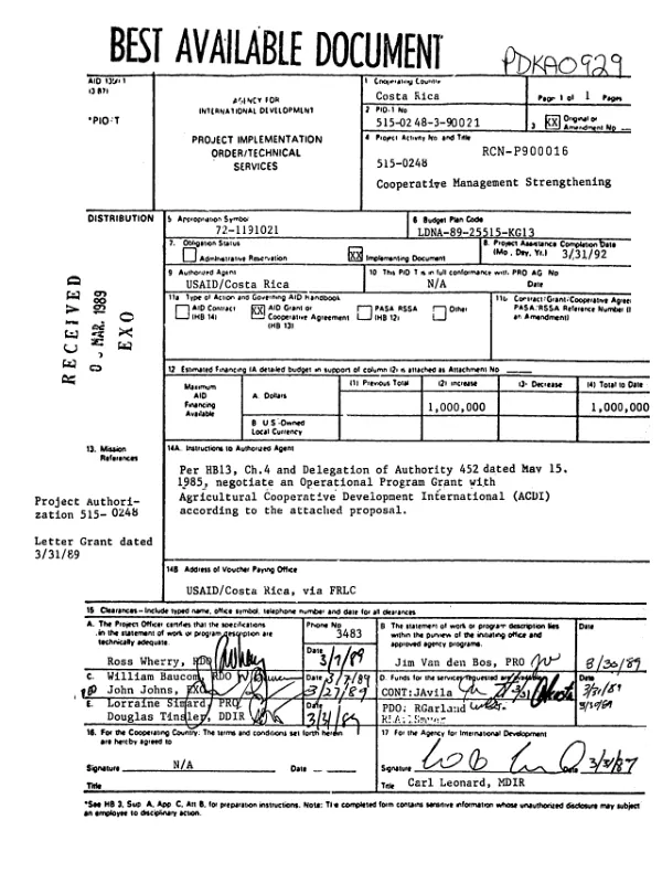 ACDI [Agricultural Cooperative Development International] Costa Rica country program proposal : cooperative development services for Costa Rica, 1989-1992