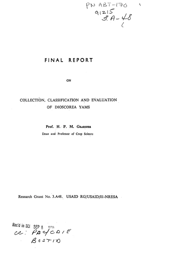 Final report on collection, classification and evaluation of Dioscorea yams