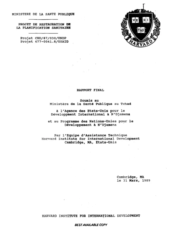 Rapport final [: projet de restauration de la planification sanitaire]