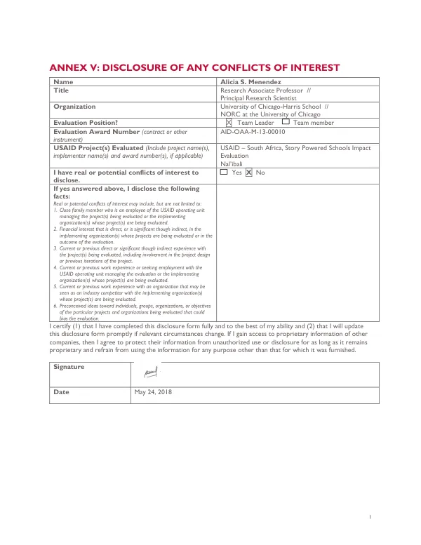 [USAID reading and access story powered school program impact evaluation : endline report] : annex V : disclosure of any conflicts of interest