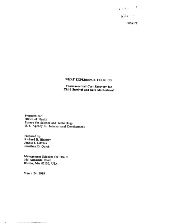 What experience tells us : pharmaceutical cost recovery for child survival and safe motherhood, draft